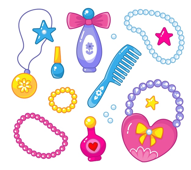 Un set di accessori carini per una ragazza una spazzola per capelli perline profuma una borsetta a forma di cuore