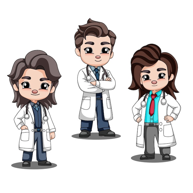 set of the cute adorable cartoon doctor with hand drawn