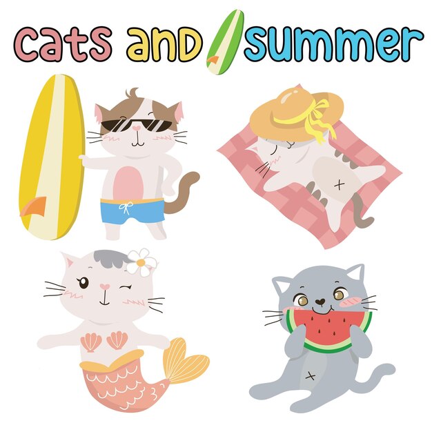 Set of cute adorable cats and summer activities on a white background for kids fashion artworks