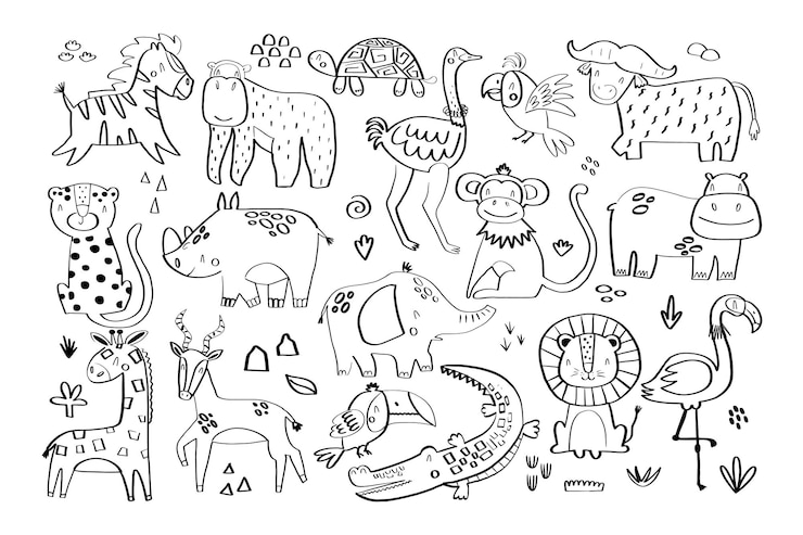 Vector set of cute africa animals in doodle style vector illustration isolated on white background for your design