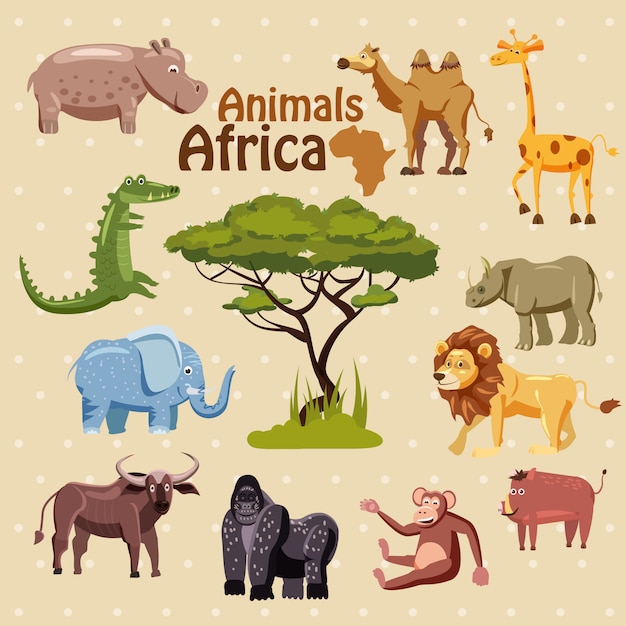 Vettore set di simpatici animali africani in stile cartoon