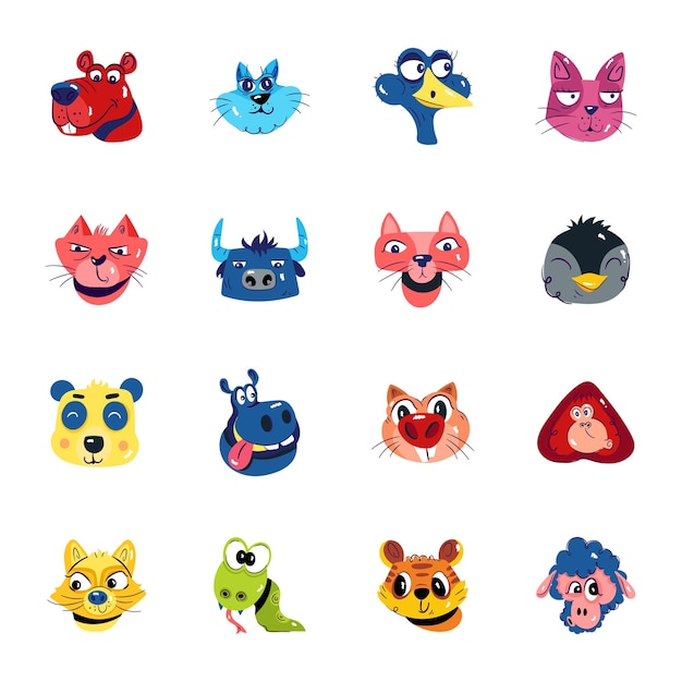 Set of cute animal avatars flat stickers