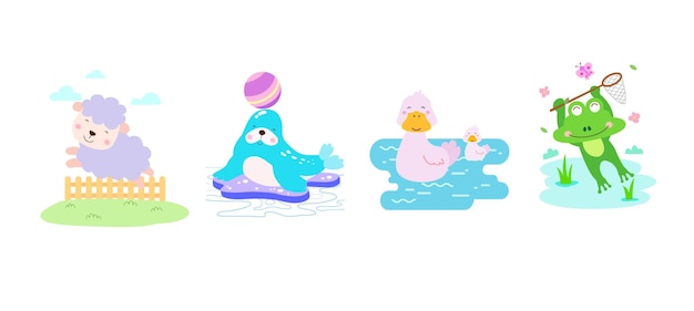 Set di simpatici personaggi animali con anatra foca di pecora e pagina da colorare di rana