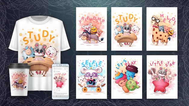 Vettore set di disegno animale carino per poster e merchandising