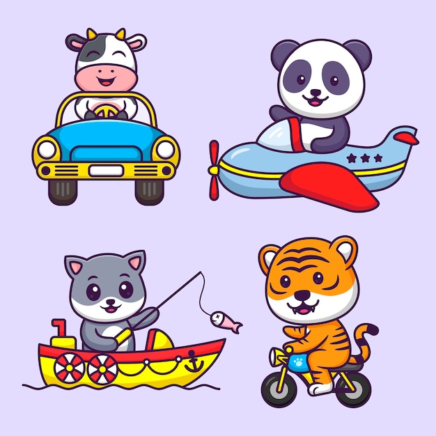 Set di simpatici animali che guidano l'illustrazione del fumetto della mascotte animale del veicolo