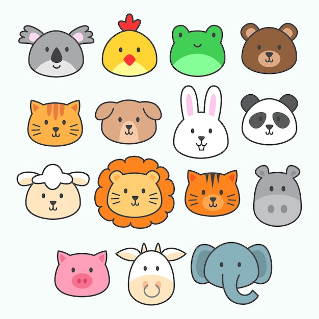 Set of cute animal face vector collection