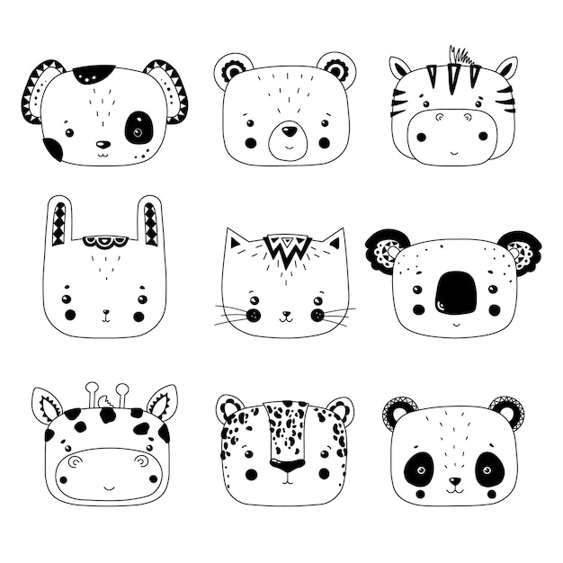 A set of cute animal faces in a line Vector illustration in the style of flat