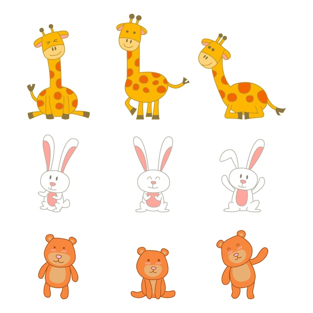 Set di simpatico animale di coniglio giraffa e orso in versione cartone animato