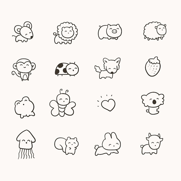 Set of cute animal icons vector illustration outline style