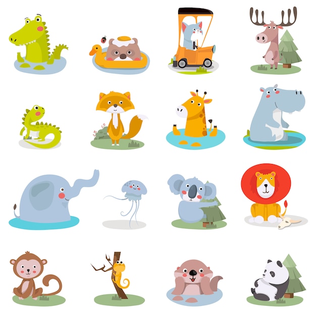 Set of Cute Animal illustrations. Fun zoo