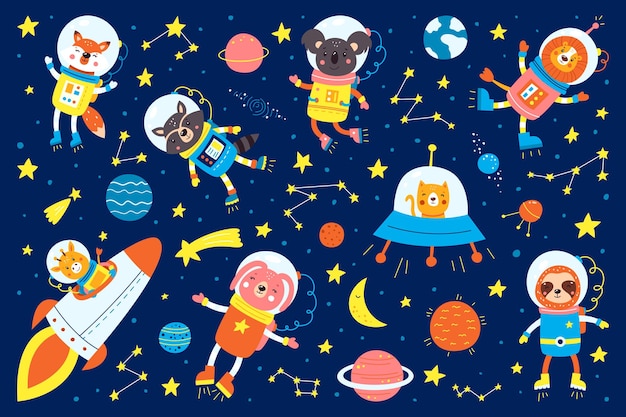 Set di simpatici animali astronauti, razzi, satellite, ufo, stelle nello spazio.