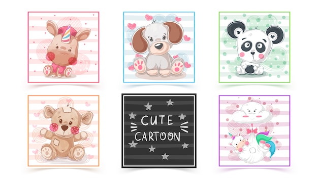 Set cute animals in cards