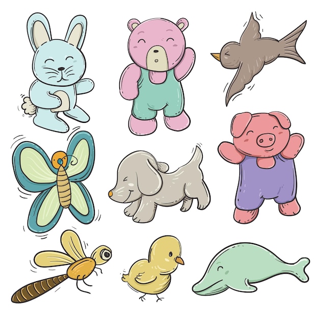 set of cute animals cartoon for coloring book