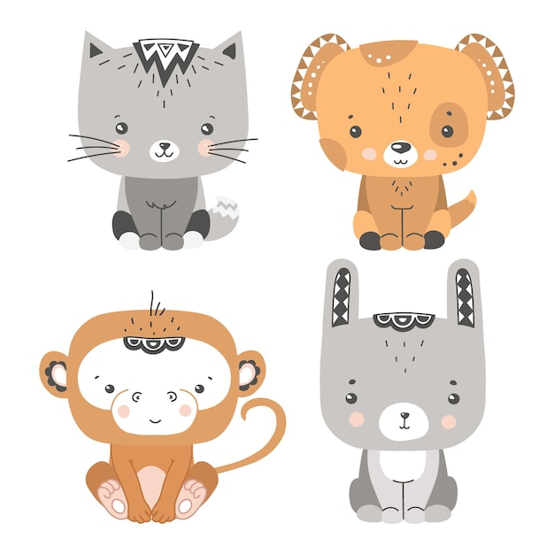 Набор милых животных кошка собака обезьяна кролик Симпатичные детские векторные иллюстрации