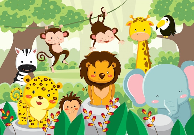 Vector set of cute animals in the jungle