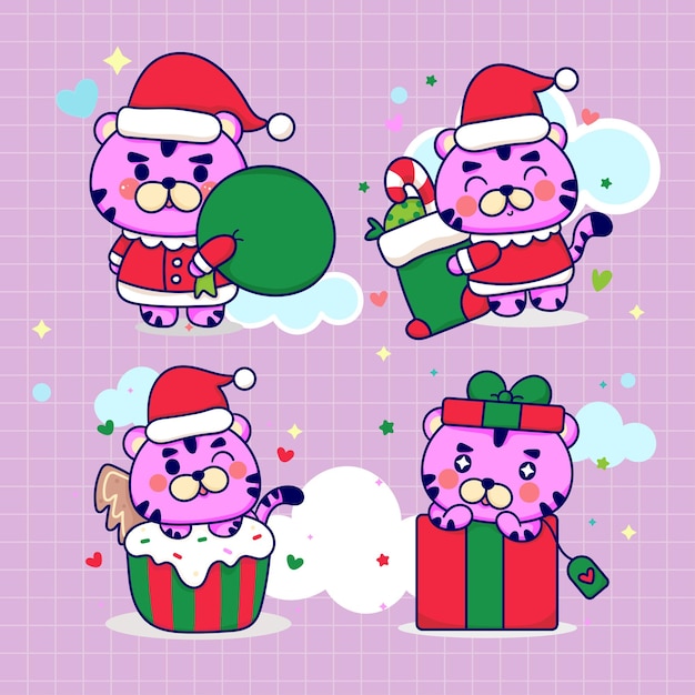 Set of cute animals in Santa Claus hats and scarves Vector illustration