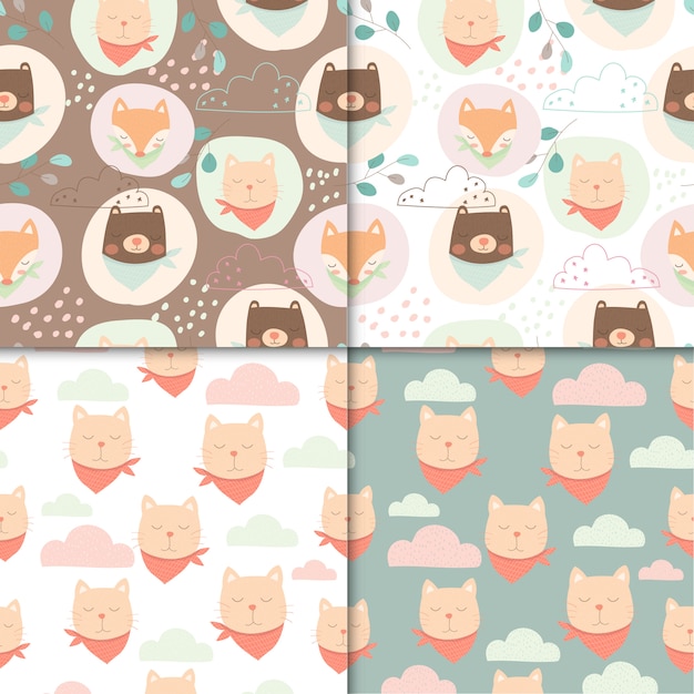 Set of cute animals seamless pattern, cartoon cute of bear and cat for kids.