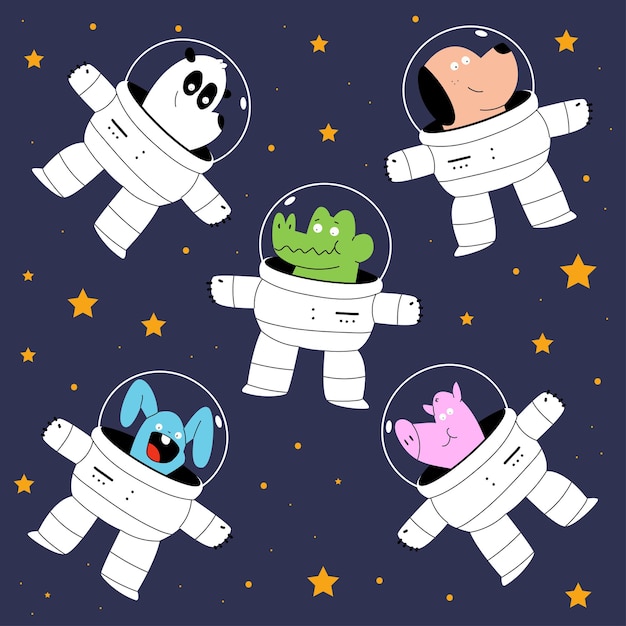 Vector set of cute animals in space