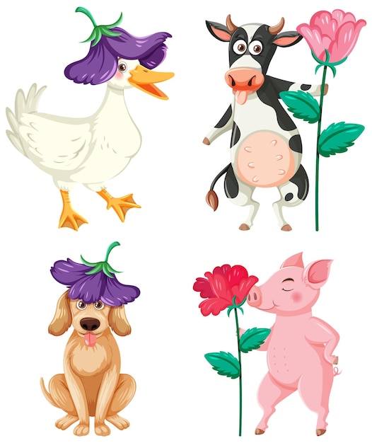 Set di simpatici animali con personaggio dei cartoni animati di fiori