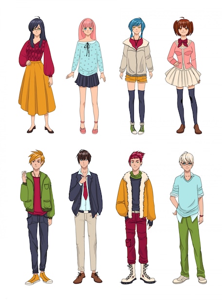 Set di simpatici personaggi anime. cartoon ragazze e ragazzi. collezione di illustrazioni colorate disegnate a mano.