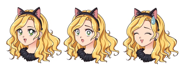 Un set di ragazza anime carina che indossa un costume da gatto con diverse espressioni capelli biondi grandi occhi verdi illustrazione vettoriale di anime retrò disegnata a mano può essere utilizzato per adesivi avatar, badge, stampe ecc.