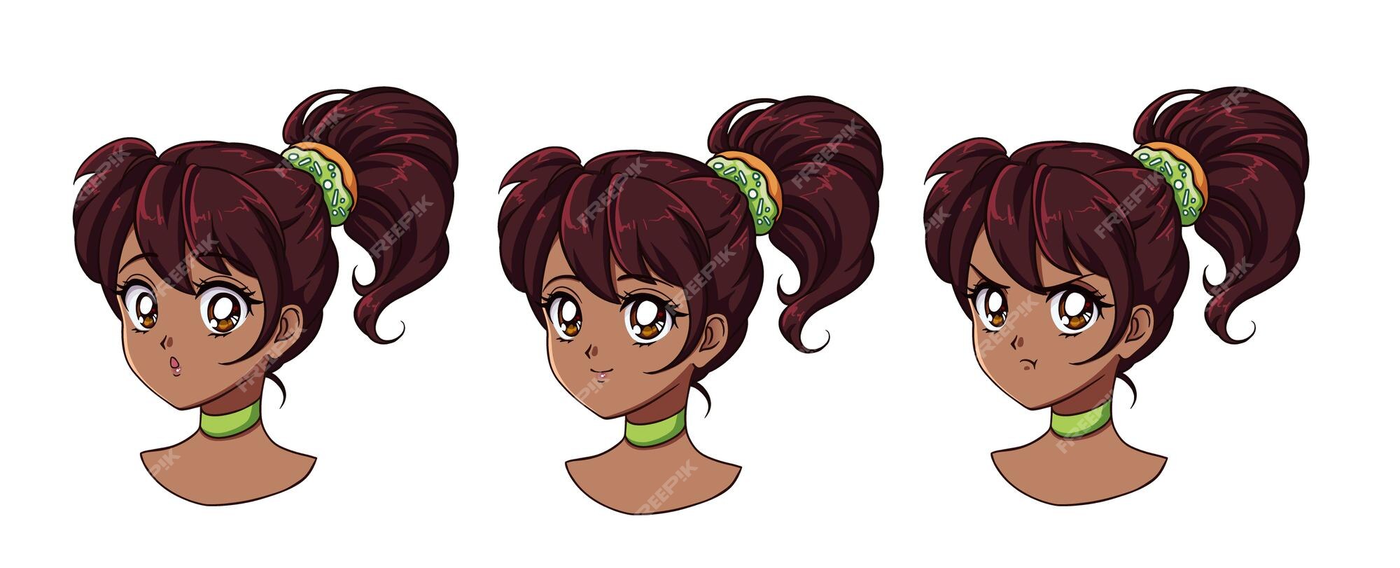 Premium Vector | A set of cute anime girl with different expressions. dark hair, big black eyes. Premium Vector | A set of cute anime girl with different expressions. dark hair, big black eyes.
