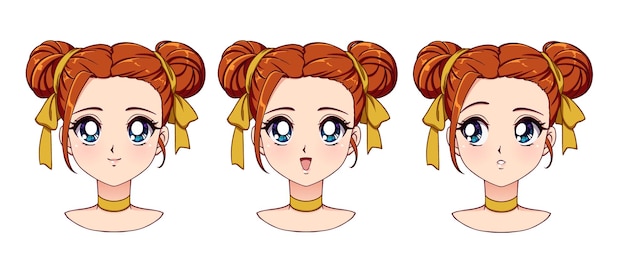 Una serie di ragazza anime carina con diverse espressioni capelli rossi grandi occhi azzurri illustrazione vettoriale in stile anime retrò disegnato a mano