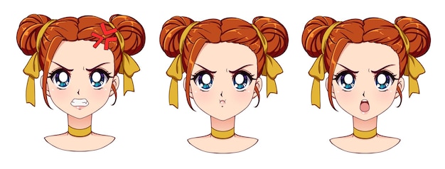 Una serie di ragazza anime carina con diverse espressioni capelli rossi grandi occhi azzurri illustrazione vettoriale in stile anime retrò disegnato a mano