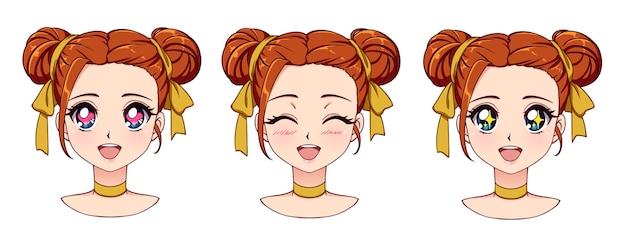 Vector a set of cute anime girl with different expressions red hair big blue eyes hand drawn retro anime style vector illustration