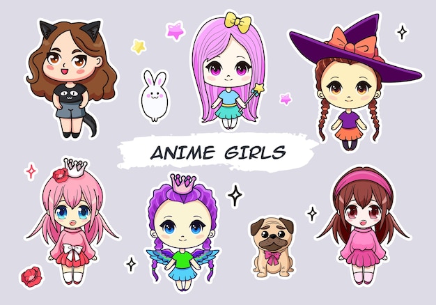 다양한 옷과 머리 스타일의 귀여운 애니메이션 소녀 삽화 세트 만화 스티커