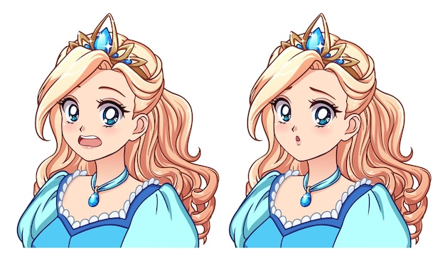 さまざまな表情のかわいいアニメ姫のセットブロンドの髪大きな青い目青いドレス手描きのレトロなアニメベクトルイラストアバターステッカーバッジプリントなどに使用できます