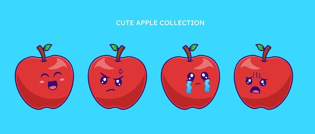 set of cute apple with various expression on white background isolated flat vector illustration