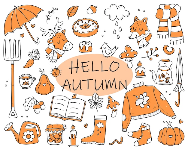 A set of cute autumn doodles a collection of simple colored autumn drawings vector illustration