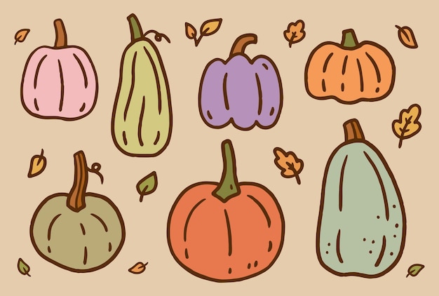 Vector a set of cute autumn pumpkins on a beige background vector handdrawn doodle illustration