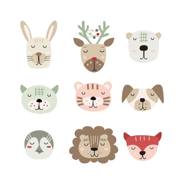 Set of cute baby animal faces Vector illustration