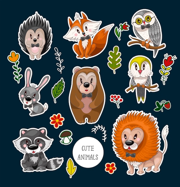 Set cute baby animals and flowers for kids Bear raccoon rabbit fox and other