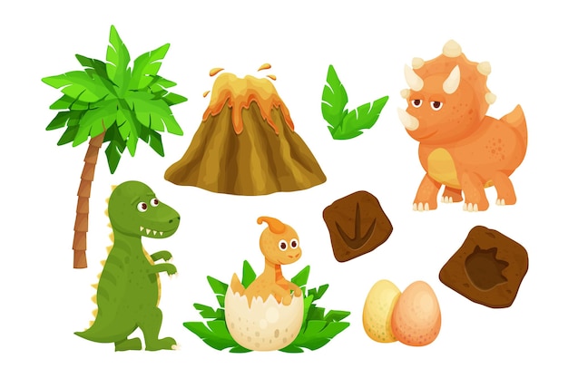 Set cute baby dinosaurs with dino egg footprint jurassic leaves volcano and bones in cartoon