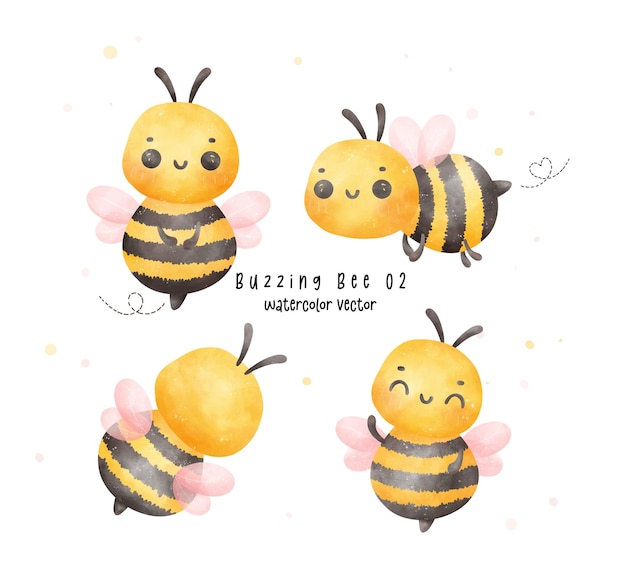 Set of Cute baby honey bee watercolor cartoon character hand painting illustration vector