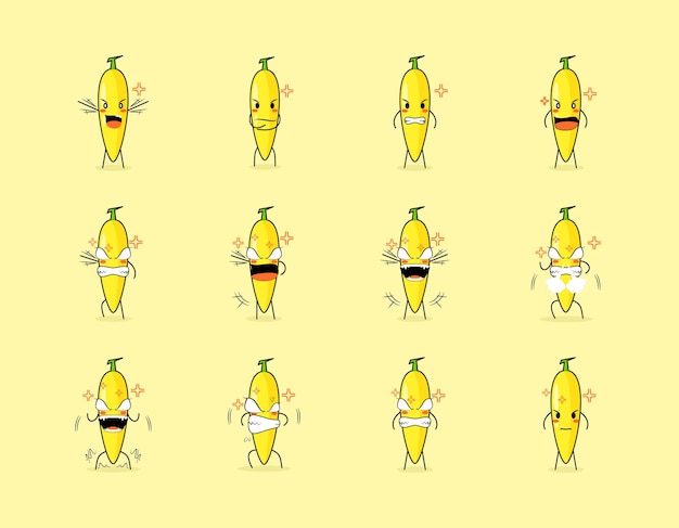Набор милых банановых персонажей мультфильма с сердитым выражением лица. используется для смайликов, логотипов и талисманов