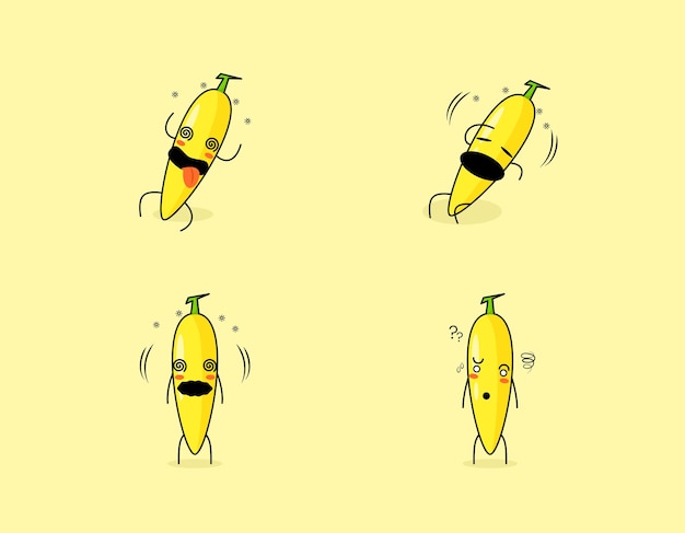 어지러운 표정을 지닌 귀여운 바나나 만화 캐릭터 세트. 이모티콘, 로고 및 마스코트에 적합