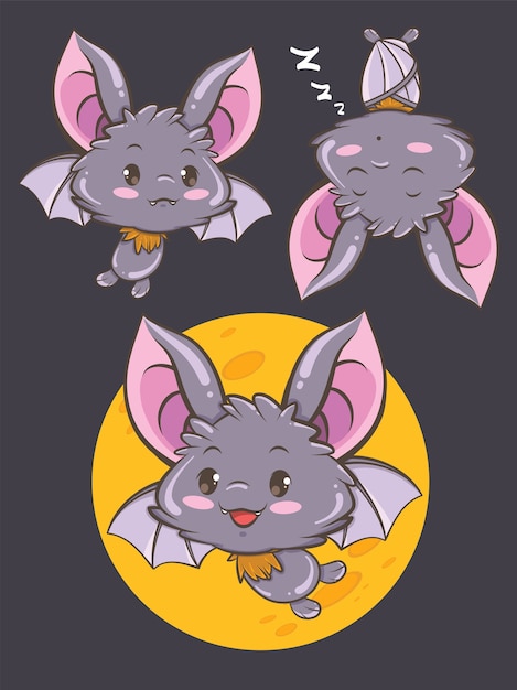 set of cute bat cartoon character illustration - happy Halloween