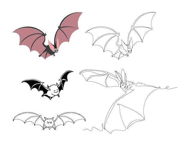 Vector a set of cute bats funny characters the vampire symbol one line drawing