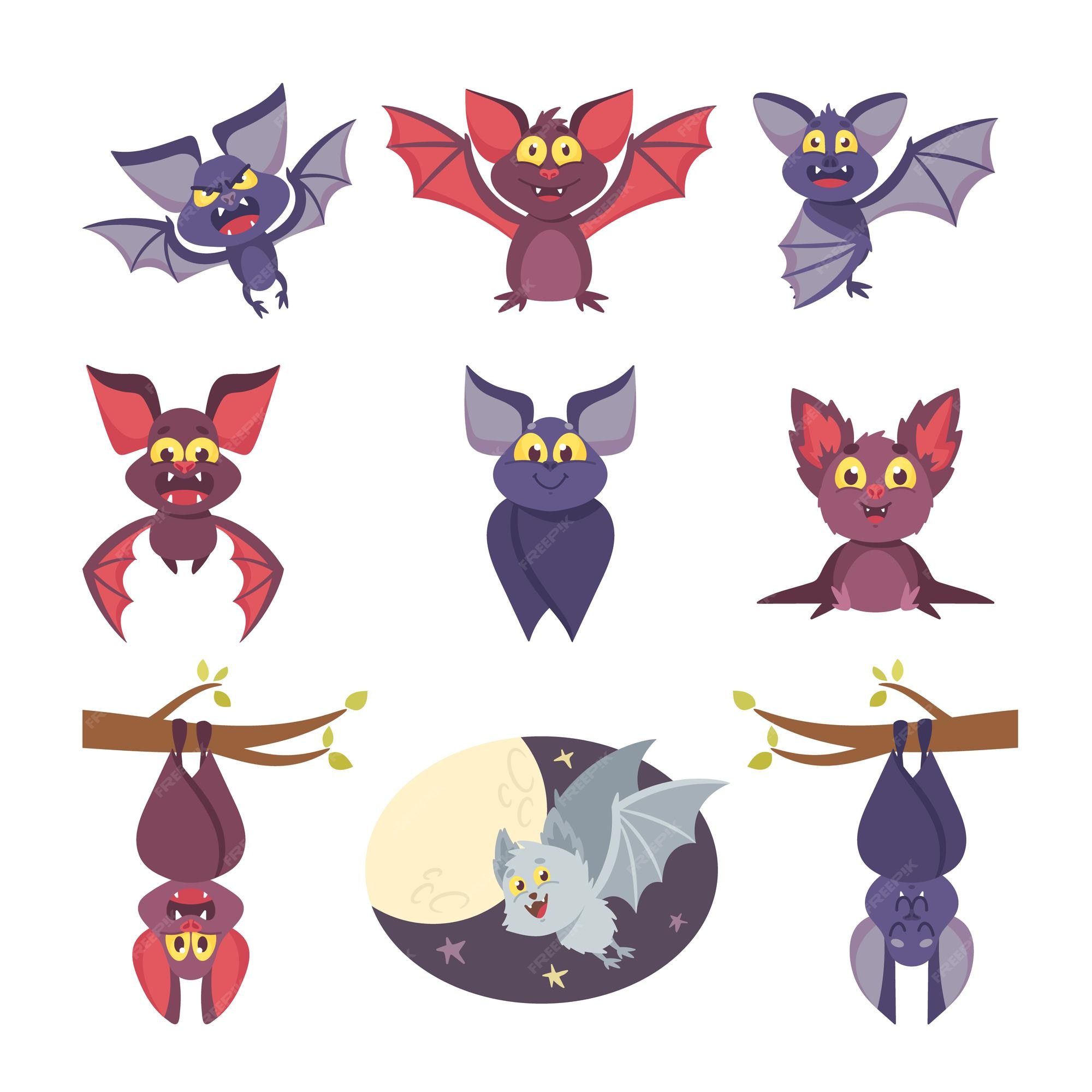 Premium Vector | Set cute bats halloween cartoon characters, funny personages with smiling muzzle hang upside down or flying Premium Vector | Set cute bats halloween cartoon characters, funny personages with smiling muzzle hang upside down or flying