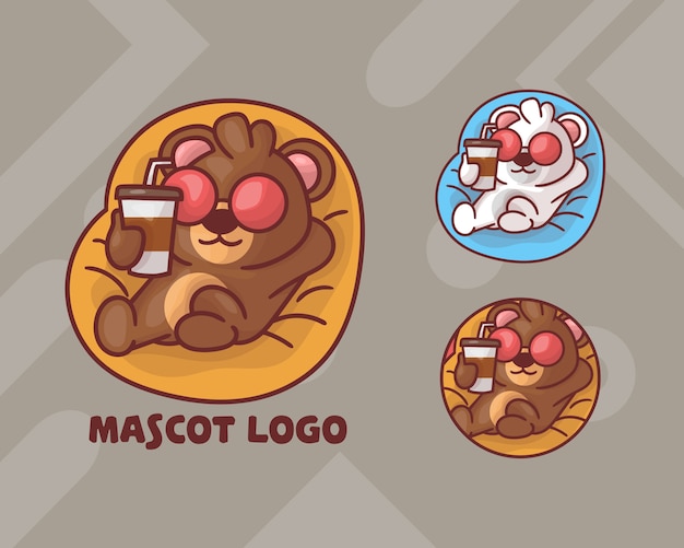 set of cute bear drinking coffee mascot logo with optional appearance.  