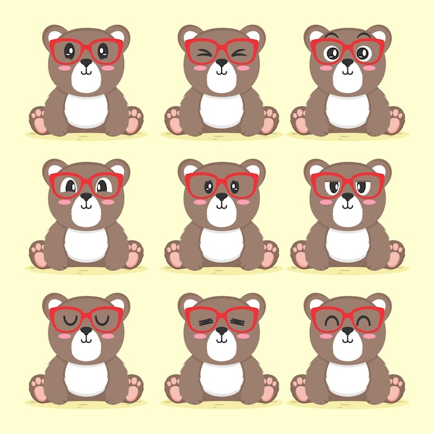 Set of cute bear with glasses flat design illustration