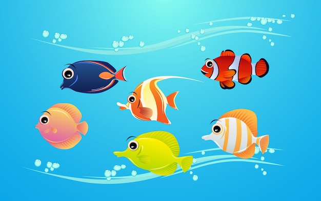 a set of cute and beautiful sea fish characters