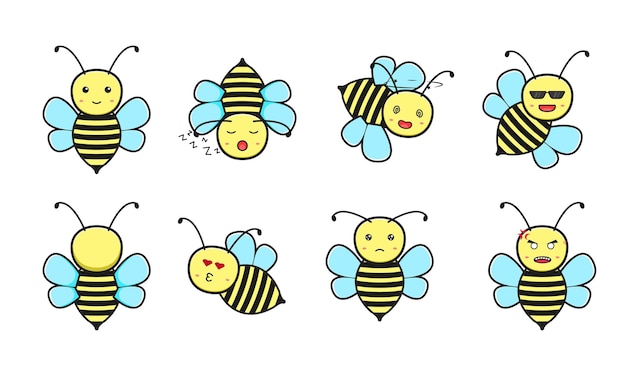 Set of cute bee cartoon icon vector illustration. Design isolated on white. Flat cartoon style.