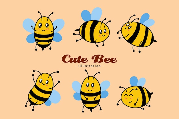 Set of cute bee honey animal with different pose cartoon clipart childish little bee mascot flat design