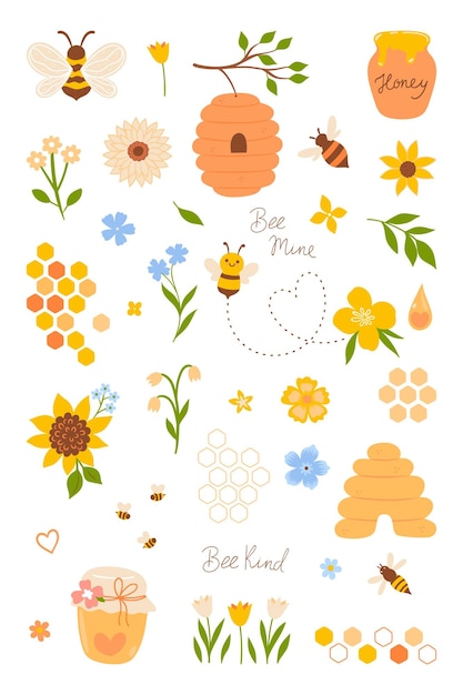 Vettore set di simpatici elementi di miele d'api isolati su sfondo bianco grafica vettoriale