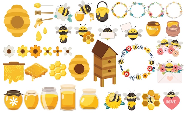 Set of cute bee  honey  house bee jar and flower in flat vector style Graphic resource about nat